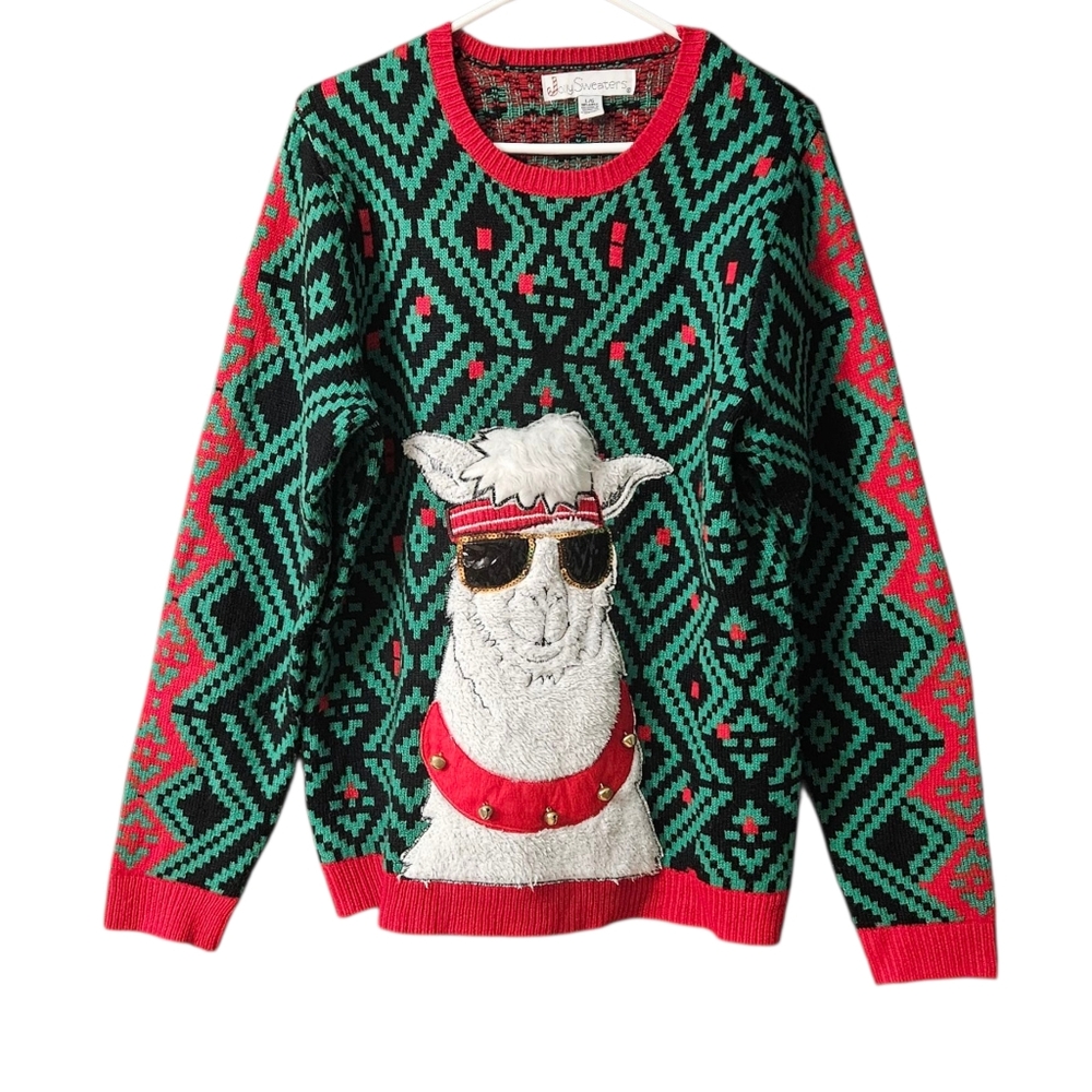 Jolly Sweaters Men's Christmas Sweater Llama Sunglasses Size Large Green Red
